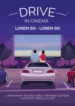 Drive in cinema poster template. Film premiere. Public event. Commercial flyer design with semi flat illustration. Vector cartoon promo card. Open air movie watching advertising invitation