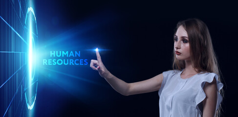 Business, Technology, Internet and network concept. Young businessman working on a virtual screen of the future and sees the inscription: Human resources