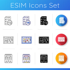 Student activities icons set. Educational plan. University entertainment. College events. Notice board with notes. Linear, black and RGB color styles. Isolated vector illustrations