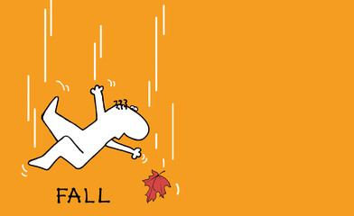 Autumn drawing of man falling on orange background with leaf