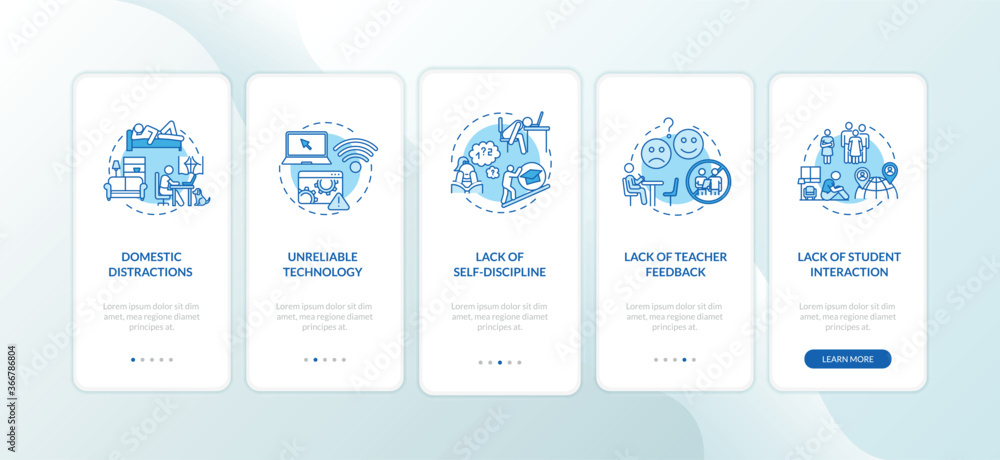 Poster distance learning cons onboarding mobile app page screen with concepts. lack of teacher feedback. wa