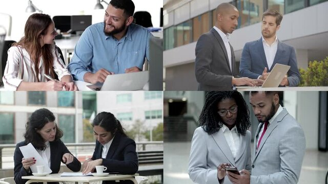 Collage of confident clerks discussing startup and using devices. Adult experienced office workers with documents, smartphone or laptop. Multiscreen montage. Communication and technology concept