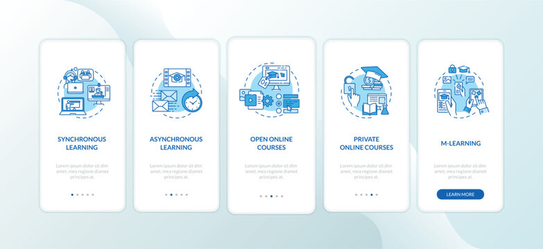 Distance learning types onboarding mobile app page screen with concepts. Synchronous learning. E learning walkthrough 5 steps graphic instructions. UI vector template with RGB color illustrations