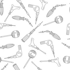 Seamless pattern with hand drawn work tools. Collection of handmade cartoon tools with various sketch elements of a mechanical screwdriver. On a white background. Vector