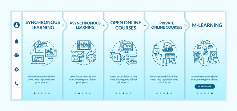 Distance learning types onboarding vector template. Synchronous and asynchronous learning. Responsive mobile website with icons. Webpage walkthrough step screens. RGB color concept