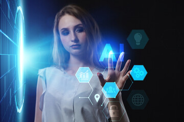 Business, Technology, Internet and network concept. Young businessman working on a virtual screen of the future and sees the inscription: AI
