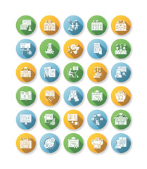 Education flat design long shadow glyph icons set. Learning process, student life. Modern education system. Academic institutions and teaching types. Silhouette RGB color illustrations