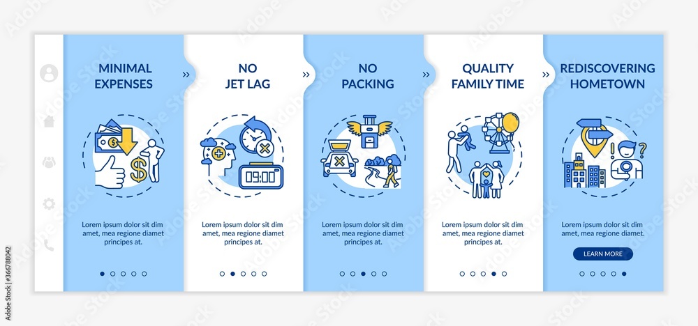 Poster advantages of staycation onboarding vector template. minimal expenses and no packing. rediscovering 