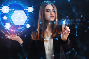 Business, Technology, Internet and network concept. Young businessman working on a virtual screen of the future and sees the inscription: Personal data protection