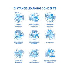 Distance learning concept icons set. Synchronous and asynchronous learning. Unreliable technology. Remote education idea thin line RGB color illustrations. Vector isolated outline drawings