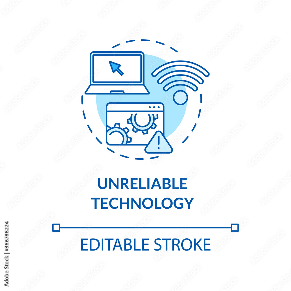 Poster unreliable technology concept icon. elearning problems. weak wifi connection. technologies in educat
