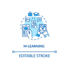 M learning concept icon. Educational technologies. Remote classes. Education apps. Mobile learning idea thin line illustration. Vector isolated outline RGB color drawing. Editable stroke