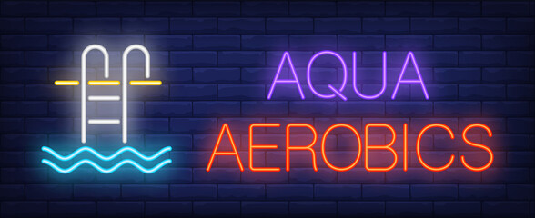 Aqua aerobics neon sign. Glowing inscription with pool stair and water on dark blue brick background. Can be used for fitness, aqua gym, pool aerobics, advertisement