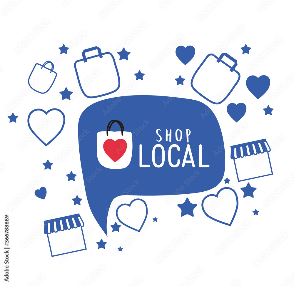 Wall mural shop local in bubble with bags hearts and stars design of retail buy and market theme Vector illustration