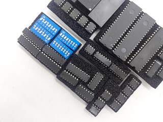 Various Industrial Electronic Integrated Circuit in White Isolated Background