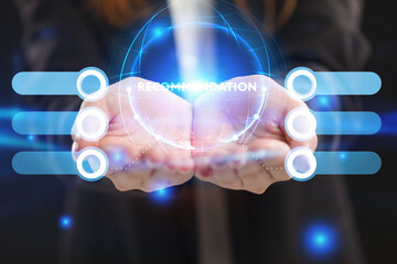 Business, Technology, Internet and network concept. Young businessman working on a virtual screen of the future and sees the inscription: Recommendation