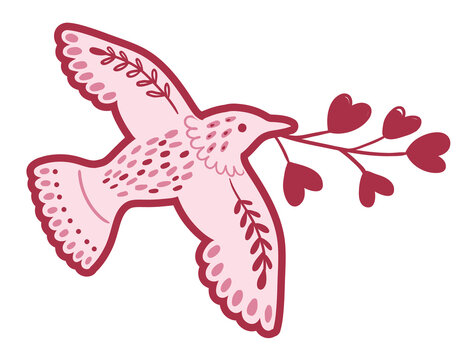 Vector Pink Dove with valentine twig with hearts