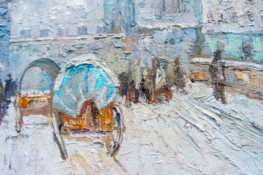 Old carriages on the snow-covered Charles Bridge, Prague, Czech Republic. Oil painting on canvas