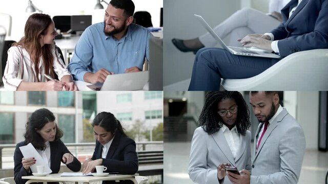 Collage of adult clerks discussing, chatting and using devices. Content concentrated office workers working in team. Multiscreen montage, split screen collage. Communication and technology concept