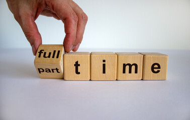 Hand is turning a dice and changes the word 'full-time' to 'part-time' or vice versa. Beautiful...