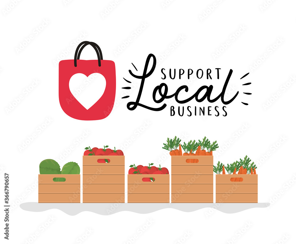 Wall mural vegetables boxes with support local business design of retail buy and market theme Vector illustration