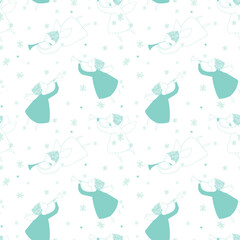 delicate pattern with little angels playing flutes. cartoon christmas pattern. seamless vector pattern on a white background created for holiday prints, wallpapers, fabrics