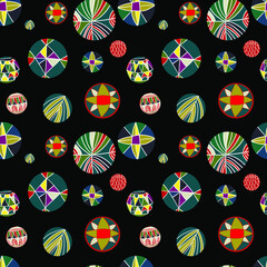 beautiful bright painted balls and icons with pictures on a dark background. seamless vector pattern for fabrics, banners, wallpapers