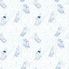 joyful children on winter slides, sledding. winter fun. seamless vector pattern