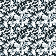 beautiful botanical pattern with apple tree branches, insects, butterflies, birds, grasshoppers and apple fruits. seamless vector pattern of thin graphic lines