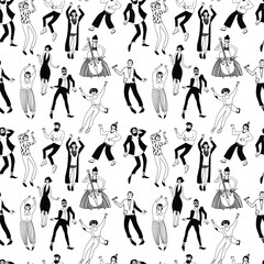 holiday, people are dancing, having fun and playing musical instruments. seamless vector pattern on white background