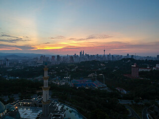 Beautiful and dramatic aerial view of The Federal Territory Mosque or “Masjid Wilayah Persekutuan”, Kuala Lumpur Malaysia in the morning.