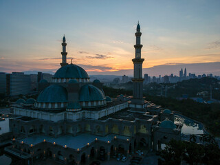 Beautiful and dramatic aerial view of The Federal Territory Mosque or “Masjid Wilayah Persekutuan”, Kuala Lumpur Malaysia in the morning.