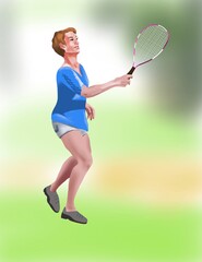 Lady is playing speedminton wearing shorts.
