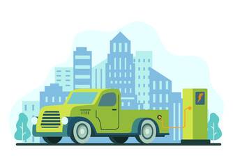 Eco car.Electric pickup truck charging station.Electric refueling.Green energy.City skyline urban landscape with skyscrapers.Power station.Modern technology.Flat vector illustration.