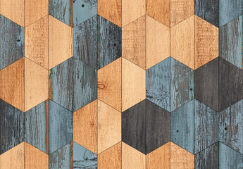Weathered seamless wooden wall with hexagonal pattern. Wood texture.