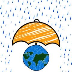 cartoon stickman: rainy season,rain,monsoon,protection,umbrella,business concept,earth,doodle art.Vector Illustration