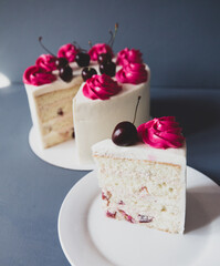 Mouth watering cherry cheesecake macro with fork. Shot on blue backgrond