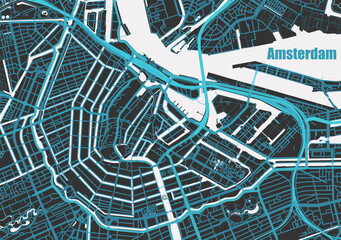 Stylish vector high-tech map of Amsterdam. with blue streets