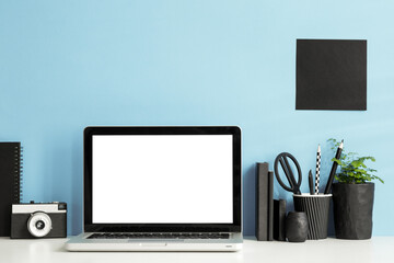Stylish home office workspace with laptop black and white supplies, plants and boxes and blue wall mockup.	
