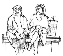 Fototapeta na wymiar Freehand pencil drawing of two old women sitting on the park bench