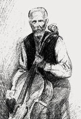 Freehand pencil drawing of an old man playing the cello © makar