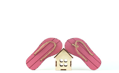 beach flip-flops and wooden house, the concept of falling tourist business