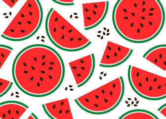 Juicy watermelon seamless pattern. Background of slices of red watermelon with seeds. Vector on white background for wallpaper, wrapping paper, fabric