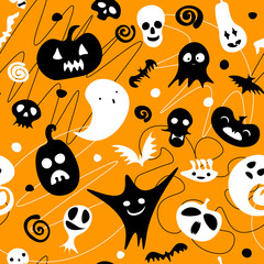 Seamless Happy Halloween pattern. Black white ghost, pumpkin, skeleton, skulls on line orange background. Cute scary horror characters for fall holidays Halloween, Day of the Dead. Vector illustration