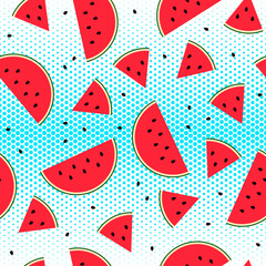 Seamless Watermelon slice pattern. Flat fresh fruit on white blue halftone background. Colorful summer food. Red cut melon with seeds. Vector dot pop art illustration for print, wallpaper, clothes
