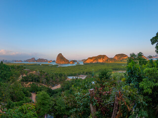 Overlook the jungle and islets in Phang Nga bay at late afternoon