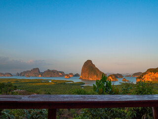 Overlook the jungle and islets in Phang Nga bay at late afternoon