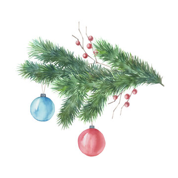 Christmas tree greeting card with balls on white background. Watercolor winter print. Hand drawn illustration.