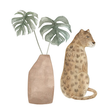 Urban jungle concept, trendy home decor  terracotta vases with tropical leaves and wild leopard. Watercolor hand drawn  illustration. Clipart image.