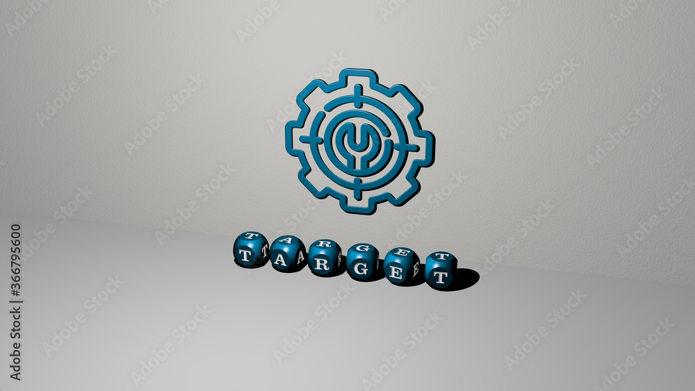 Poster 3d representation of target with icon on the wall and text arranged by metallic cubic letters on a m